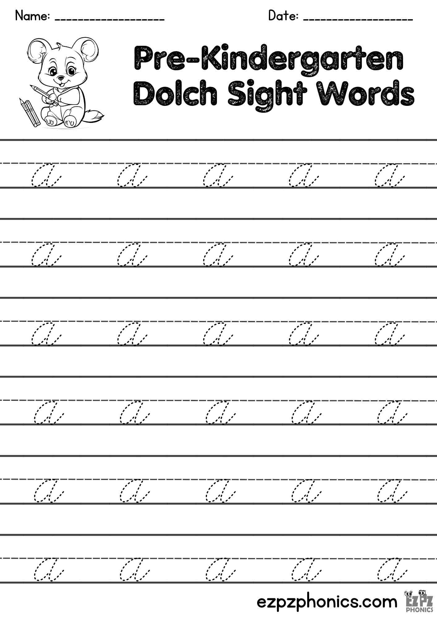The Word a Cursive Writing Practice – Pre-K Dolch Sight Words | Free PDF Download